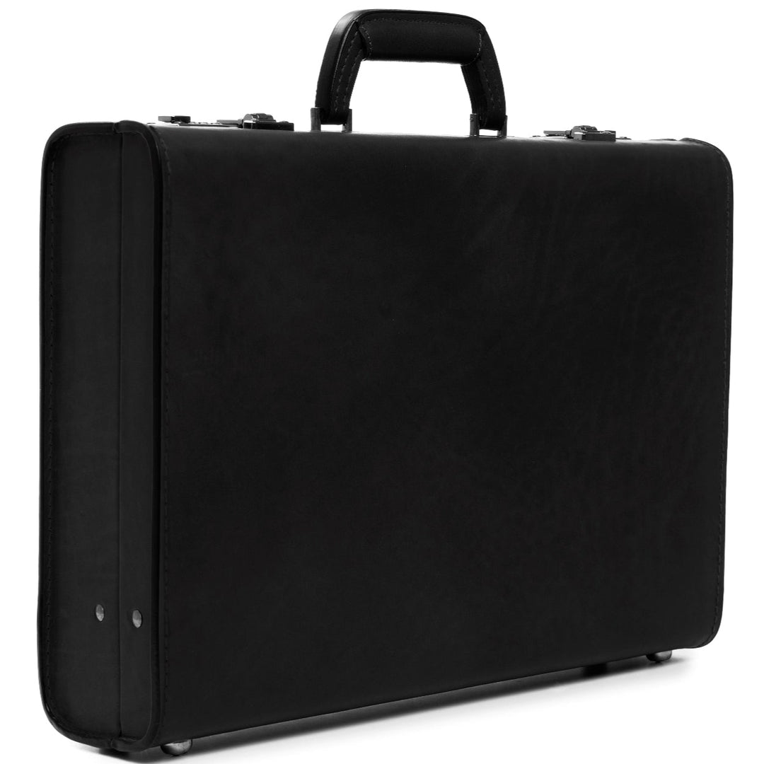 Black Leather Attaché Case A true classic, the Monroe is a full grain American leather attache case. Handcrafted with the widely regarded piano hinge construction technique, and featuring a secure combination locking system, the Monroe stylishly protects confidential files and can accommodate most 17" laptops. #color_black